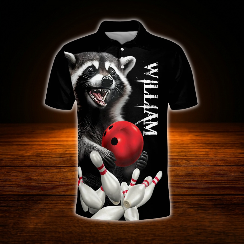 Custom Raccoon Black Bowling Polo Shirts For Men, Custom Raccoon Bowling Team Shirts