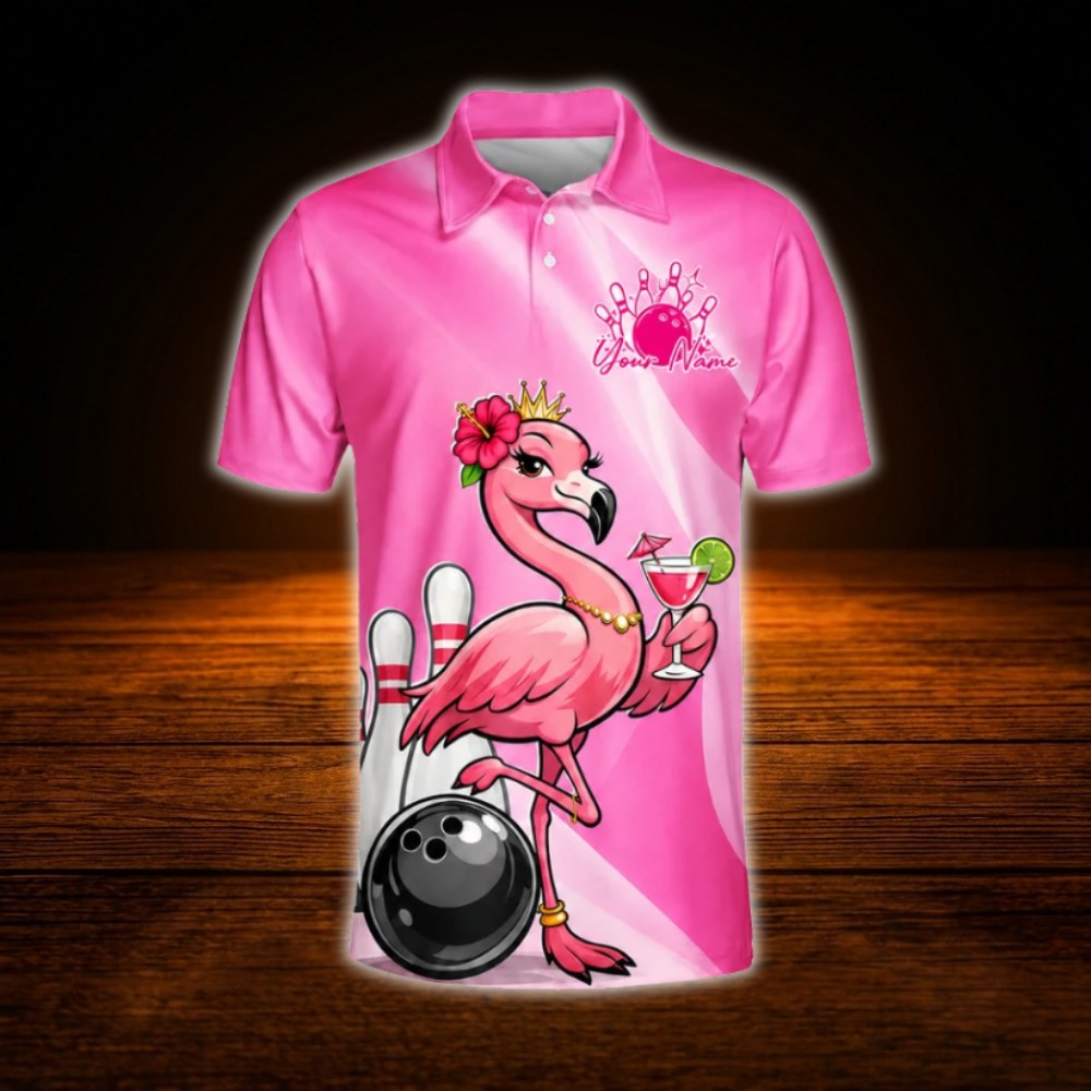 Custom Flamingo Pink Mens Bowling Polo Shirts, Custom Flamingo Bowling Shirts Team