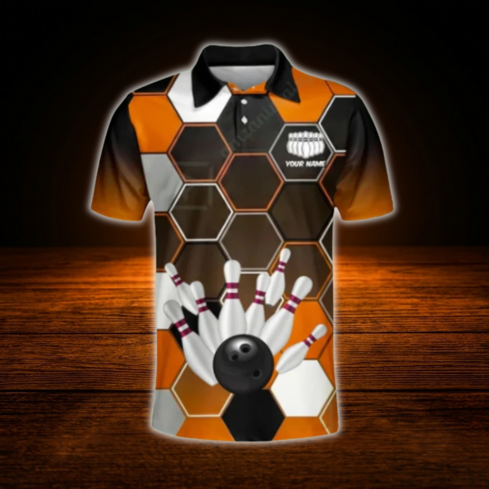 Custom Team Orange Black Hexagon Bowling Polo Shirts For Men, Custom Team Bowling Shirts
