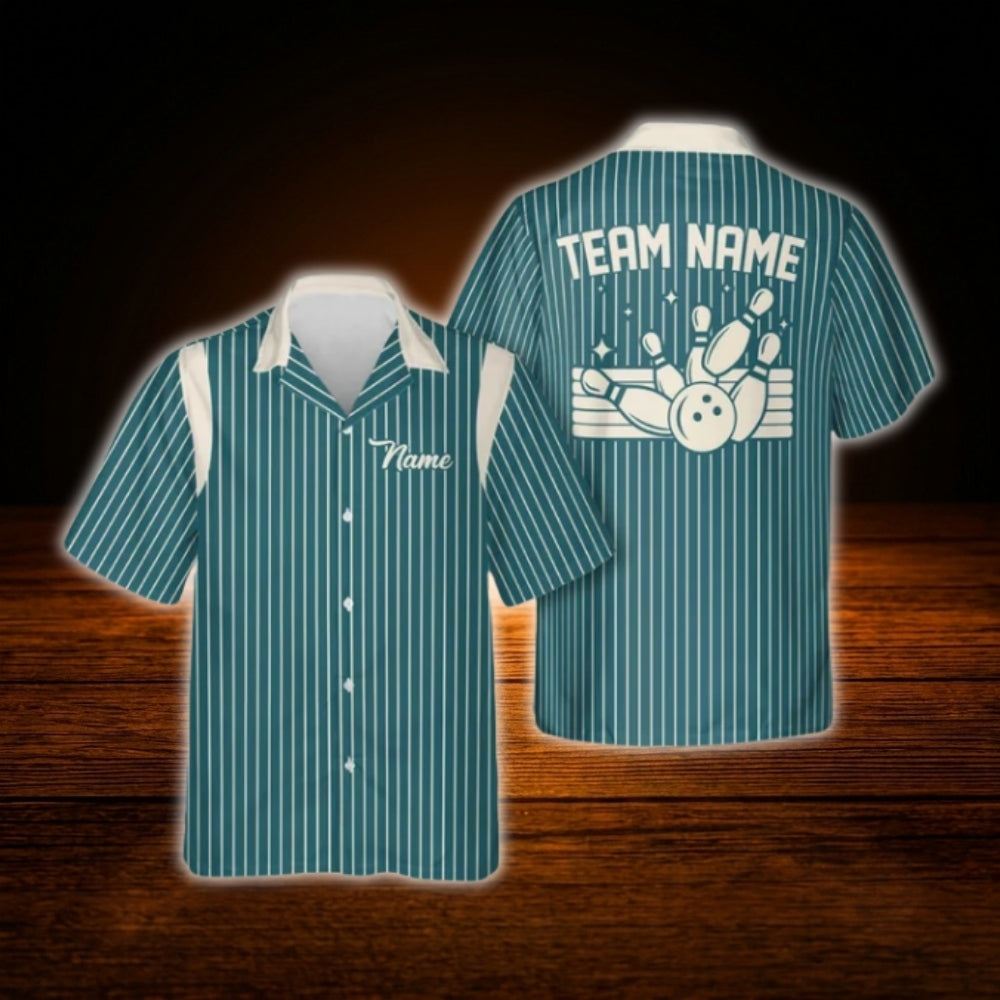 Custom Team Mint Striped Bowling Hawaiian Shirt, Custom Bowling Team Shirt