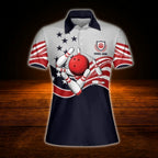 Custom USA Flag Women's Grey Navy Bowling Polo Shirt, Custom Patriotic Bowling Shirt Women