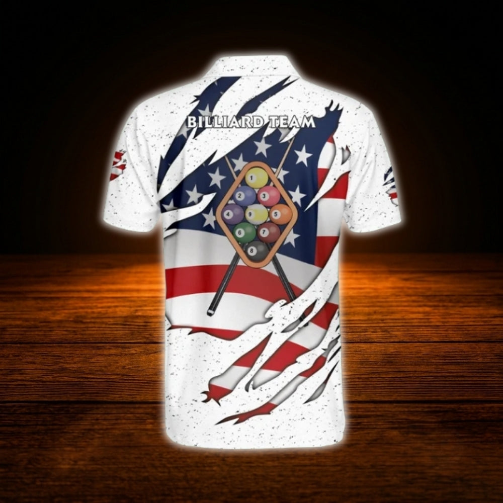 9 Ball Custom USA Flag Grunge Billiard Polo Shirt For Men, Custom Patriotic Billiard Shirt For Team