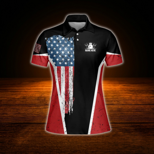 Custom American Flag  Bowling Women Polo Shirts, Custom Patriotic Women Bowling Shirts