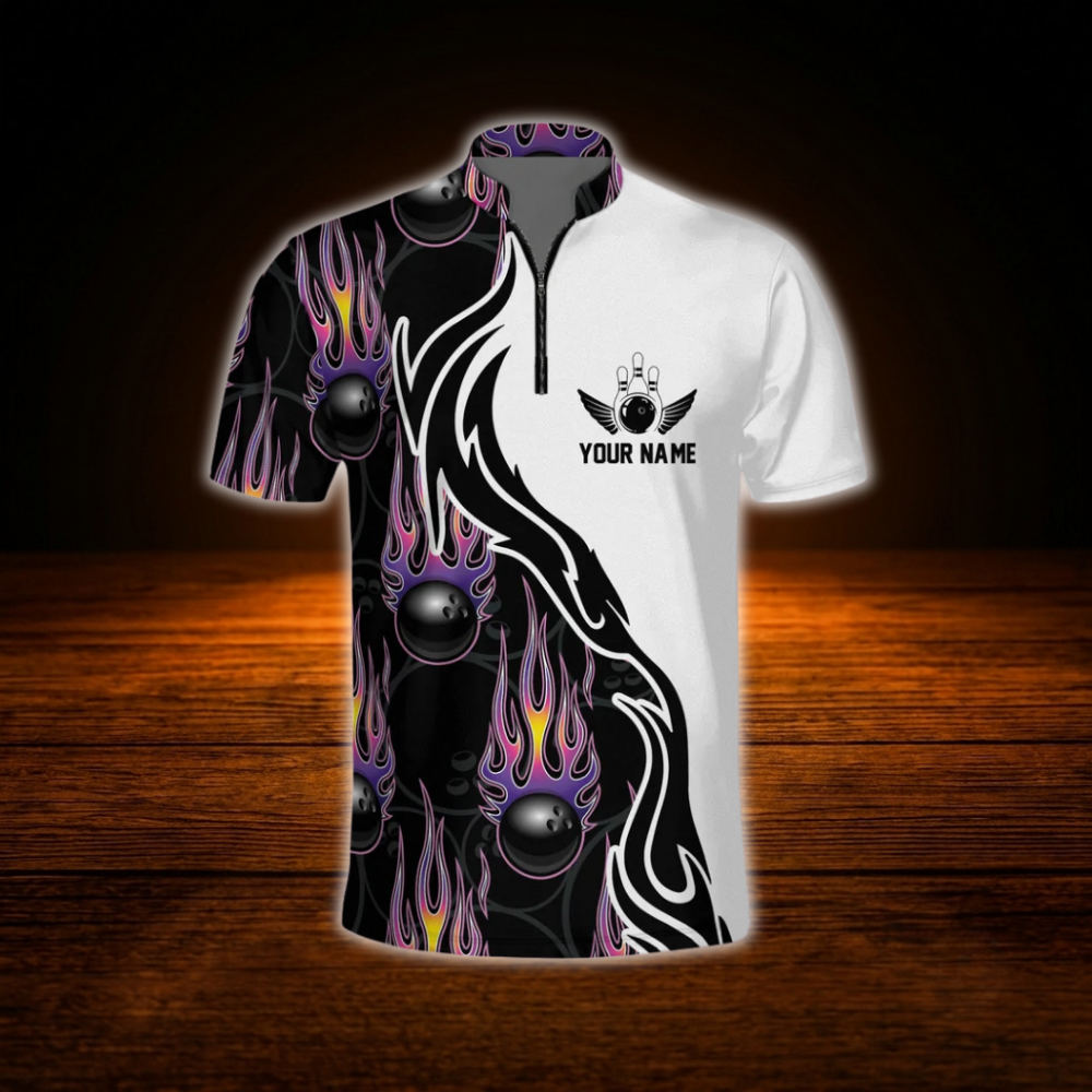 Flaming Ball Custom Mens Bowling Jersey, Custom Flame Bowling Shirt For Team