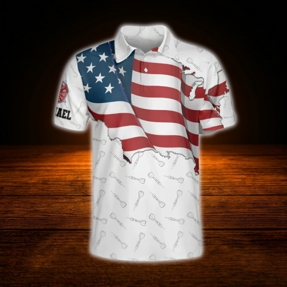 USA Flag Custom White Grunge Darts Polo Shirt For Men, Custom Patriotic Darts Shirt For Team