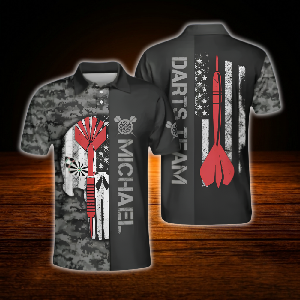 Custom Skull Camo Dart Polo Shirt For Men, Custom Skull Darts Team Shirt