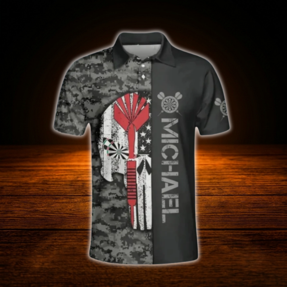 Custom Skull Camo Dart Polo Shirt For Men, Custom Skull Darts Team Shirt