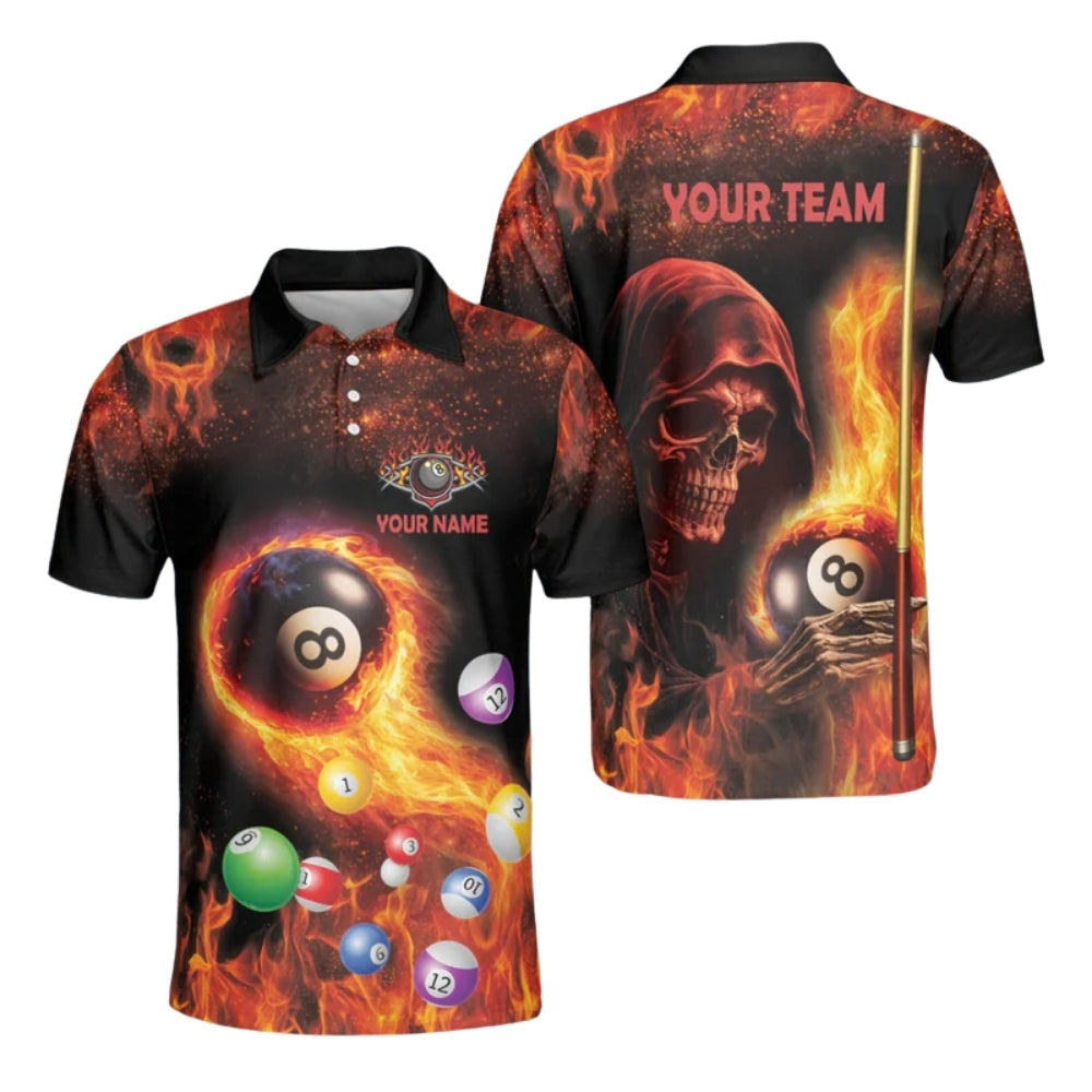 Custom Flame Skull Billiard Polo Shirt For Men, Custom Skull Billiard Team Shirts BIZ0167