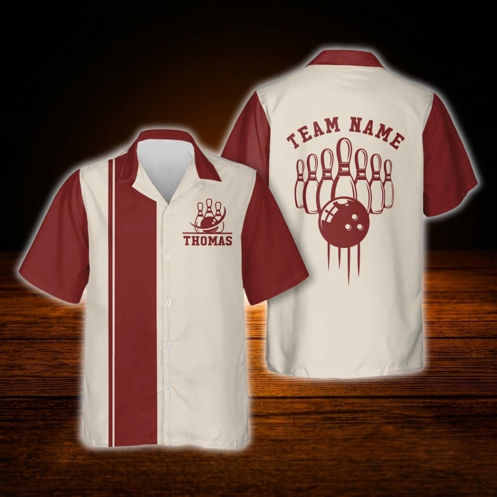 Custom Vintage Red Beige Bowling Hawaiian Shirt Men Women, Custom Vintage Bowling Shirt For Team
