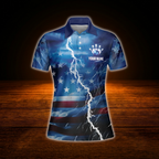 Custom American Flag Thunder Bowling Polo Shirts For Women, Custom Patriotic Bowling Team Shirts For Women