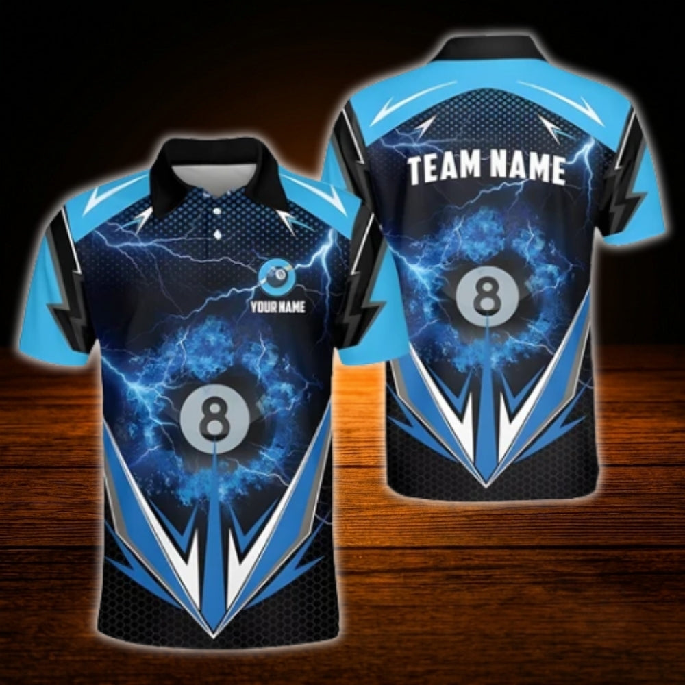 Custom 8 Ball Thunder Billiard Polo Shirt Blue Black, Custom Thunder Billiard Shirt For Team