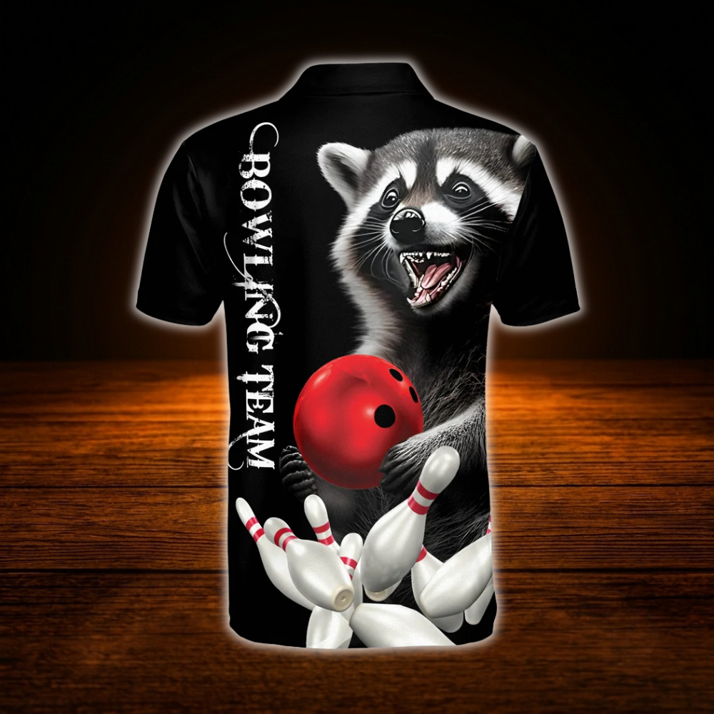 Custom Raccoon Black Bowling Polo Shirts For Men, Custom Raccoon Bowling Team Shirts
