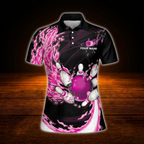 Custom Pink Flame Women Bowling Polo Shirts, Custom Flame Bowling Team Shirts For Women