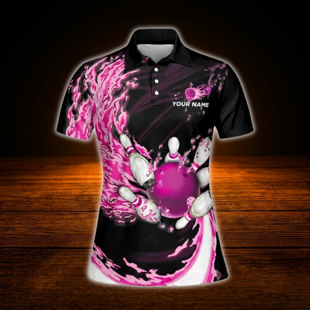 Custom Pink Flame Women Bowling Polo Shirts, Custom Flame Bowling Team Shirts For Women