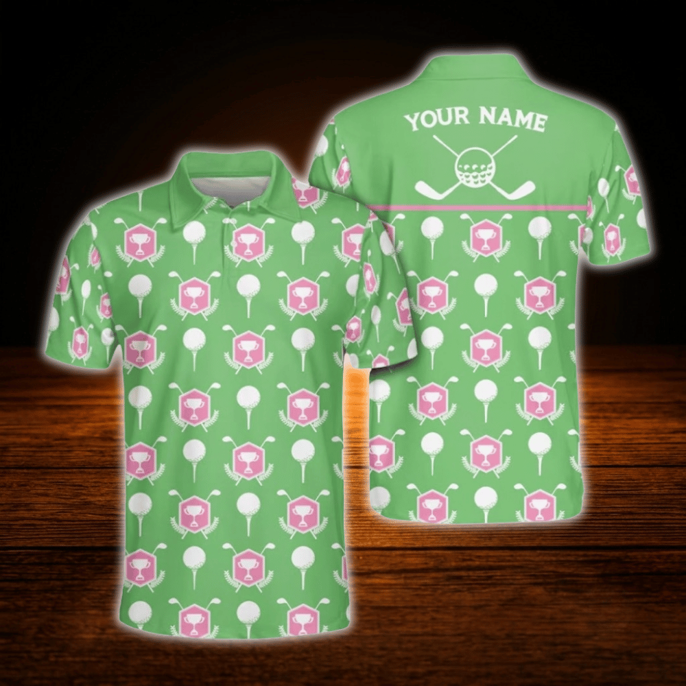 Personalized Golf Pattern Pink And Green Polo Golf Shirts For Men, Custom Golf Shirts