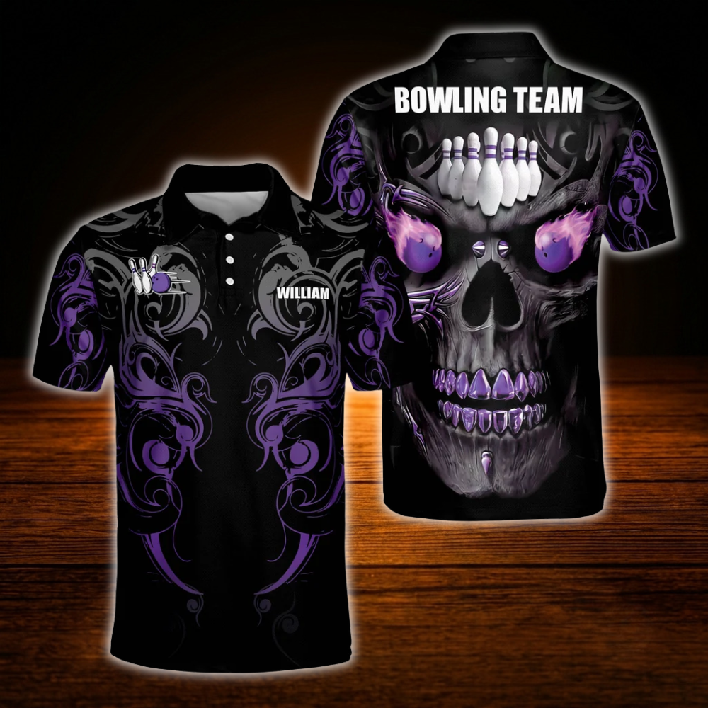 Custom Skull Black Green Bowling Polo Shirts For Men, Custom Skull Bowling Team Shirts