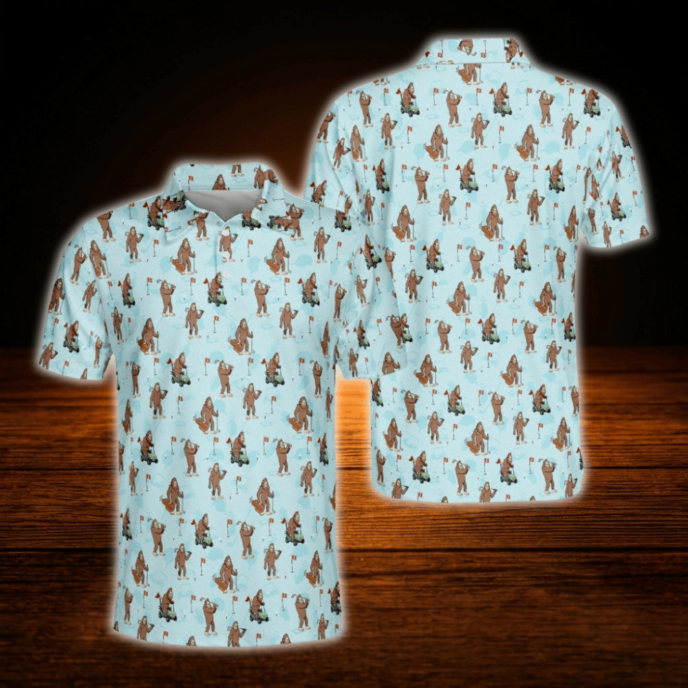 Light Blue Bigfoot Sasquatch Mens Golf Polo Shirts, Bigfoot Golf Shirts