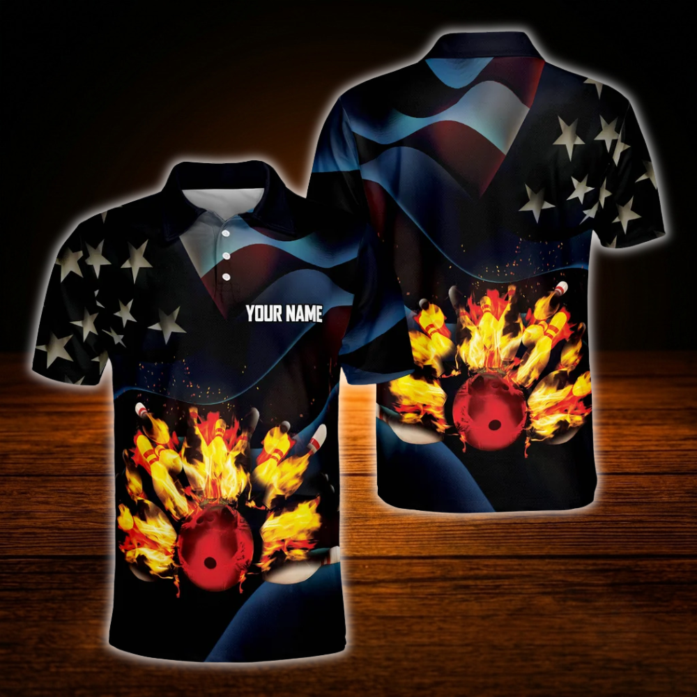 Custom American Flag Flame Bowling Polo Shirts For Men, Custom Patriotic Bowling Shirts