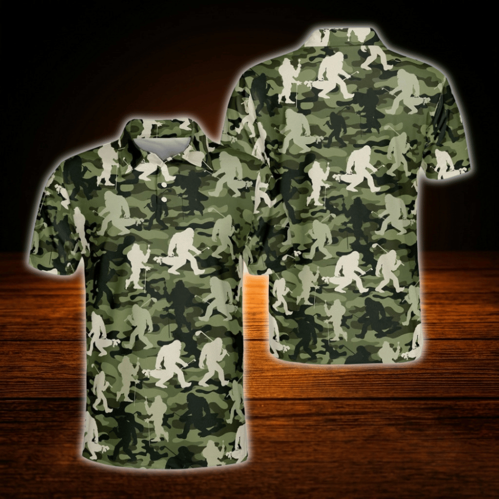 Camo Bigfoot Men's Golf Polo Shirt, Bigfoot Sasquatch Golf Shirt