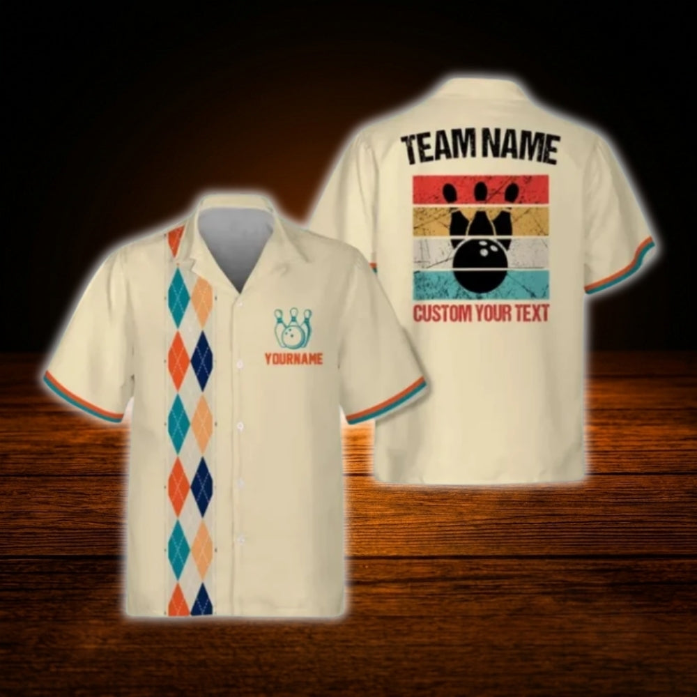 Custom Argyle Beige Bowling Hawaiian Shirt For Men Women, Custom Retro Bowling Team Shirt