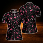 Funny Flamingo Pink And Black Ladies Golf Polo Shirt, Women's Flamingo Golf Shirt
