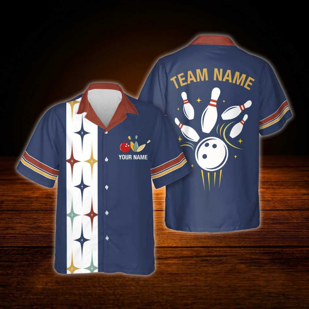 Custom Retro Mens Blue Bowling Hawaiian Shirt, Custom Retro Bowling Team Shirts