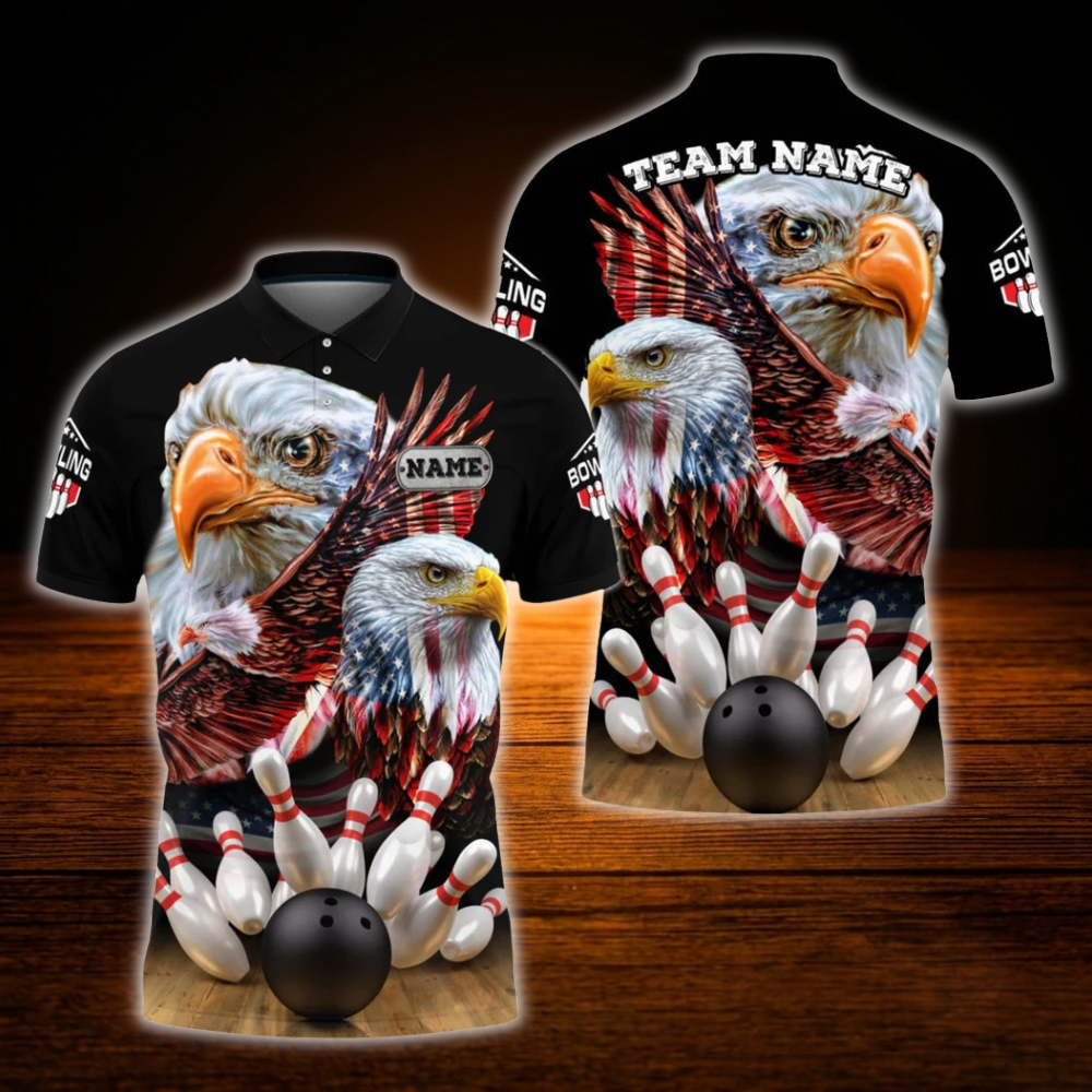 Custom American Flag Eagles Polo Bowling Shirt For Men, Custom Patriotic Bowling Team Shirts