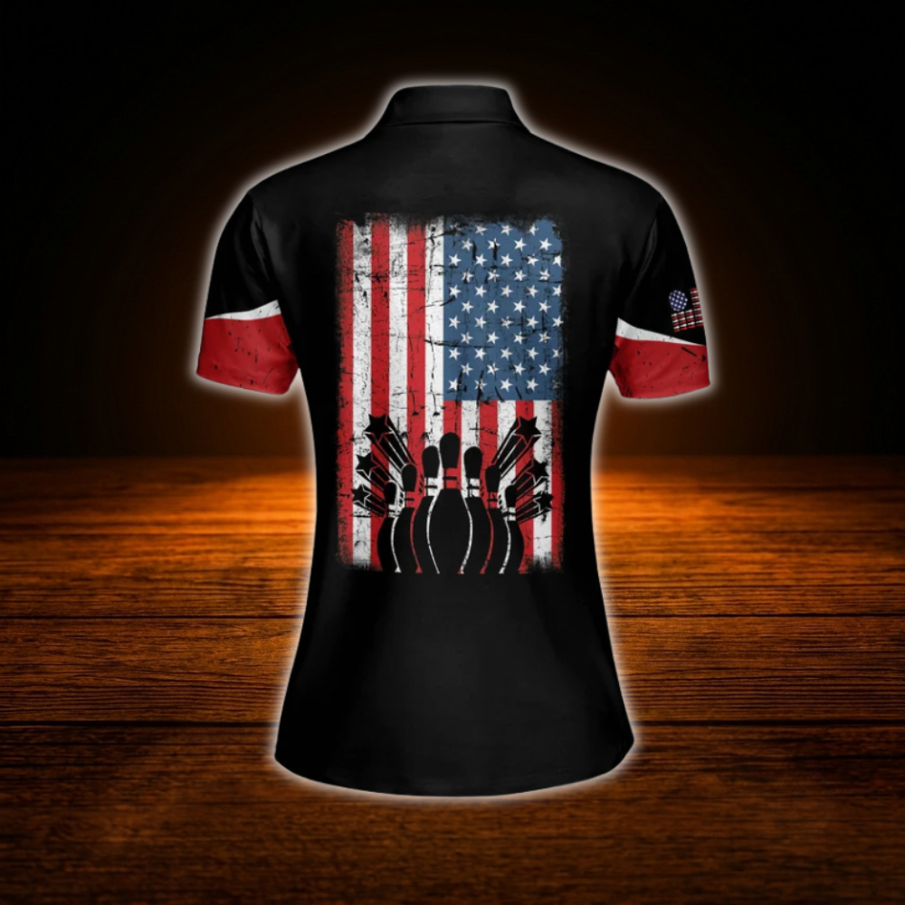 Custom American Flag  Bowling Women Polo Shirts, Custom Patriotic Women Bowling Shirts