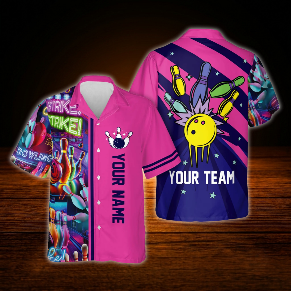 Custom Retro Blue Men's Bowling Hawaiian Shirt, Custom Retro Bowling Team Shirt