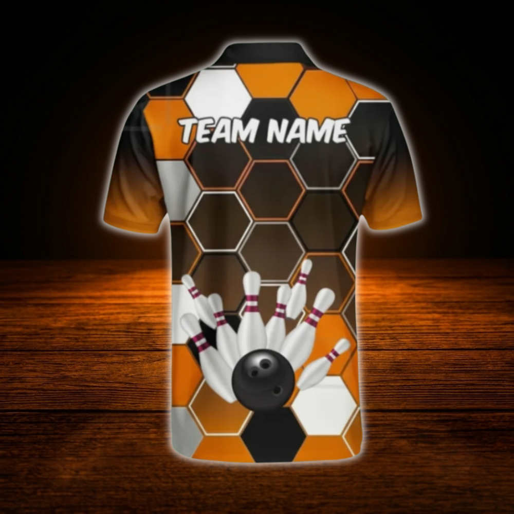 Custom Team Orange Black Hexagon Bowling Polo Shirts For Men, Custom Team Bowling Shirts