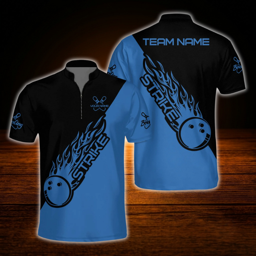 Custom Flame Ball Mens Bowling Jersey Blue And Black, Custom Flame Bowling Shirt Team