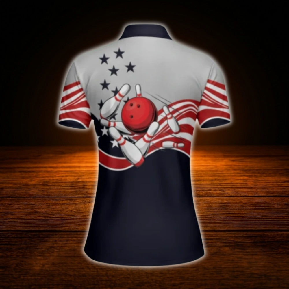 Custom USA Flag Women's Grey Navy Bowling Polo Shirt, Custom Patriotic Bowling Shirt Women