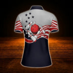 Custom USA Flag Women's Grey Navy Bowling Polo Shirt, Custom Patriotic Bowling Shirt Women