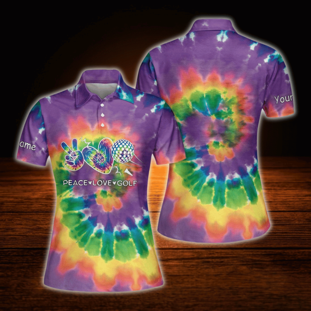 Peace Love Golf Custom Colorful Tie Dye Golf Polo Shirt For Women, Custom Tie Dye Golf Shirts For Ladies