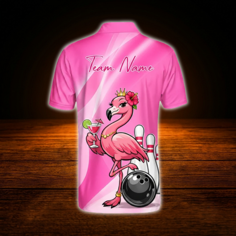 Custom Flamingo Pink Mens Bowling Polo Shirts, Custom Flamingo Bowling Shirts Team