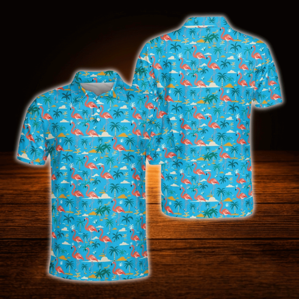 Flamingo Hawaii Blue Golf Polo Shirts Men's, Flamingo Golf Shirts