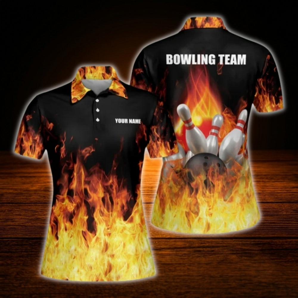 Custom Flame Orange Black Bowling Women Polo Shirt, Custom Flame Bowling Shirt For Team Ladies