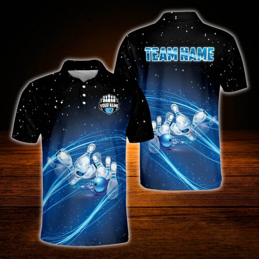 Team Custom Blue And Black Bowling Polo Shirts For Men, Custom Bowling Team Shirts