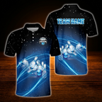 Team Custom Blue And Black Bowling Polo Shirts For Men, Custom Bowling Team Shirts