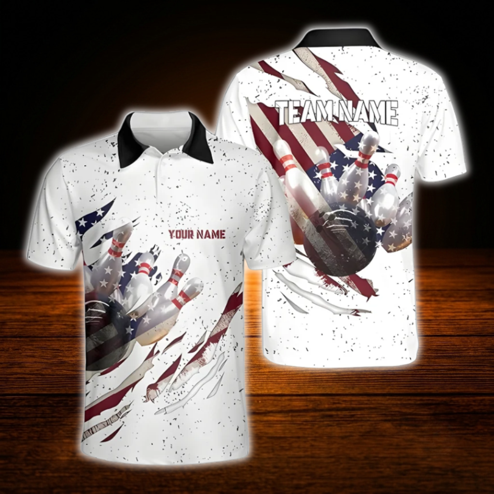 Custom American Flag White Grunge Bowling Polo Shirts For Men, Custom Patriotic Bowling Team Shirts