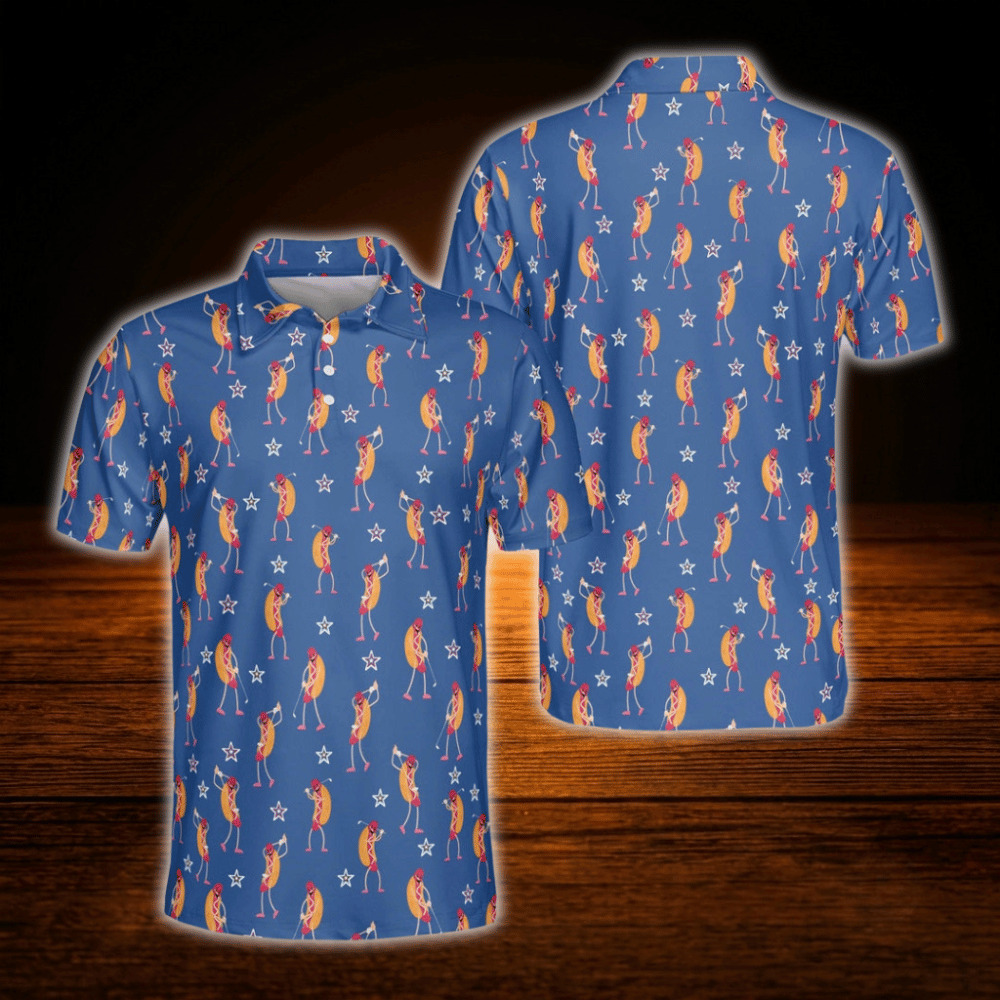 Funny Hot Dog Blue Polo Golf Shirt For Men, Hot Dog Golf Shirt
