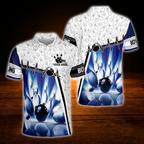 Custom White And Blue Bowling Polo Shirts Mens, Custom Bowling Shirts
