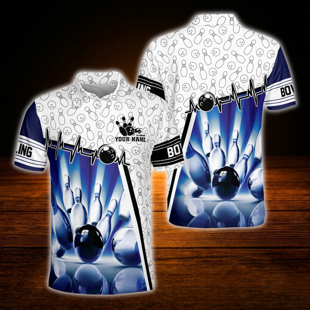 Custom White And Blue Bowling Polo Shirts Mens, Custom Bowling Shirts