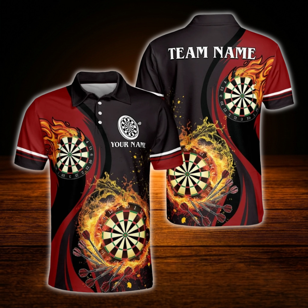 Custom Flaming Dartboard Men's Dart Polo Shirt, Personalized Flame Darts Shirt For Team