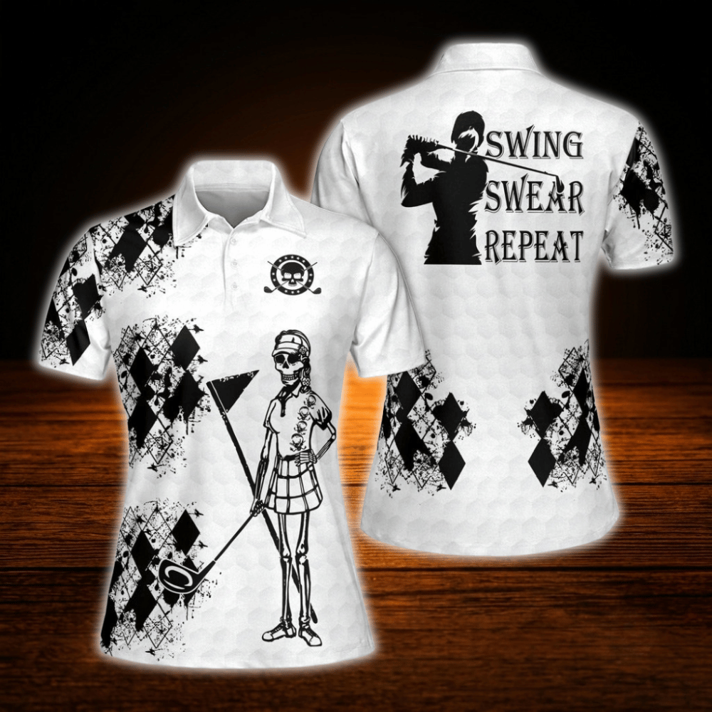 Swing Swear Repeat Black And White Skeleton Golf Polo Shirt For Women, Funny Skull Ladies Golf Shirt