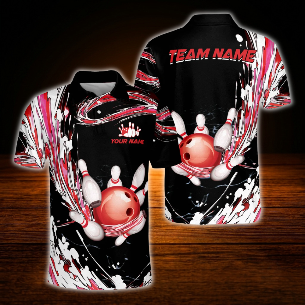 Custom Team Red And Black Bowling Polo Shirts For Men, Custom Team Bowling Shirts