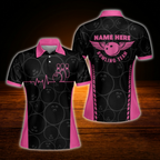 Custom Team Pink And Black Bowling Polo Shirts For Women, Custom Bowling Team Shirts For Women