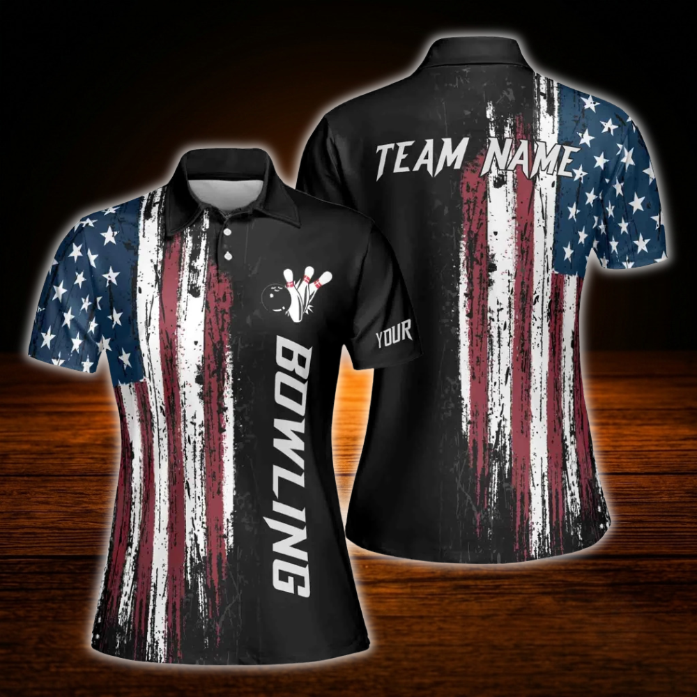 Custom American Flag Ladies Bowling Polo Shirts, Custom Patriotic Bowling Team Shirts For Women