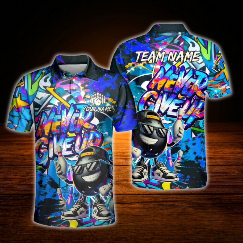 Custom Graffiti Never Give Up Bowling Polo Mens Shirts, Custom Graffiti Bowling Team Shirts