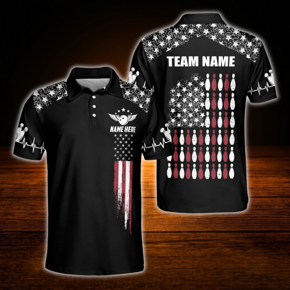 Custom American Flag Mens Bowling Polo Shirts, Custom Patriotic Bowling Team Shirts